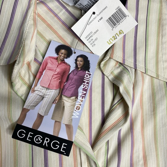 George Stretch Whipped Cream Colorful Pin-stripe Button Up Women's L 3/4 Sleeve - Picture 14 of 16